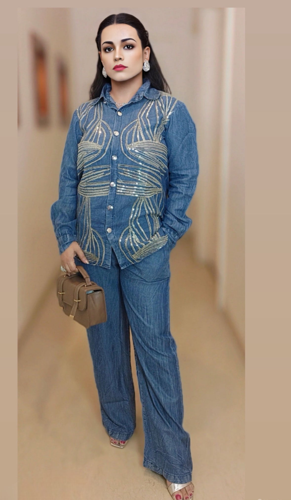 Partywear Soft Denim Coord Set With Sequins Embroidery