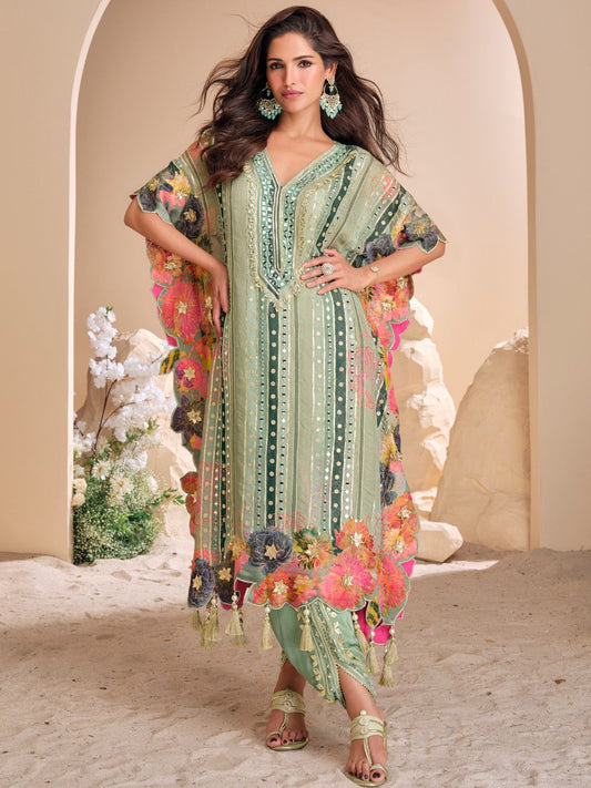 Designer Partywear Gota Patti Green Shimmer Tissue Kaftan Set