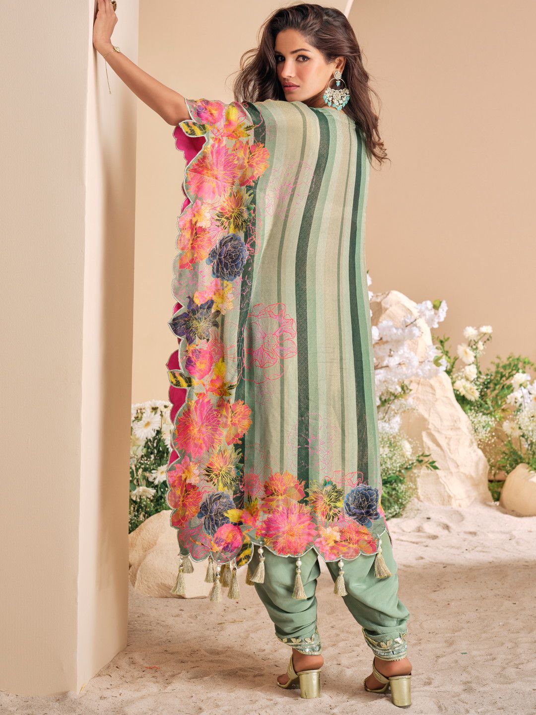 Designer Partywear Gota Patti Green Shimmer Tissue Kaftan Set