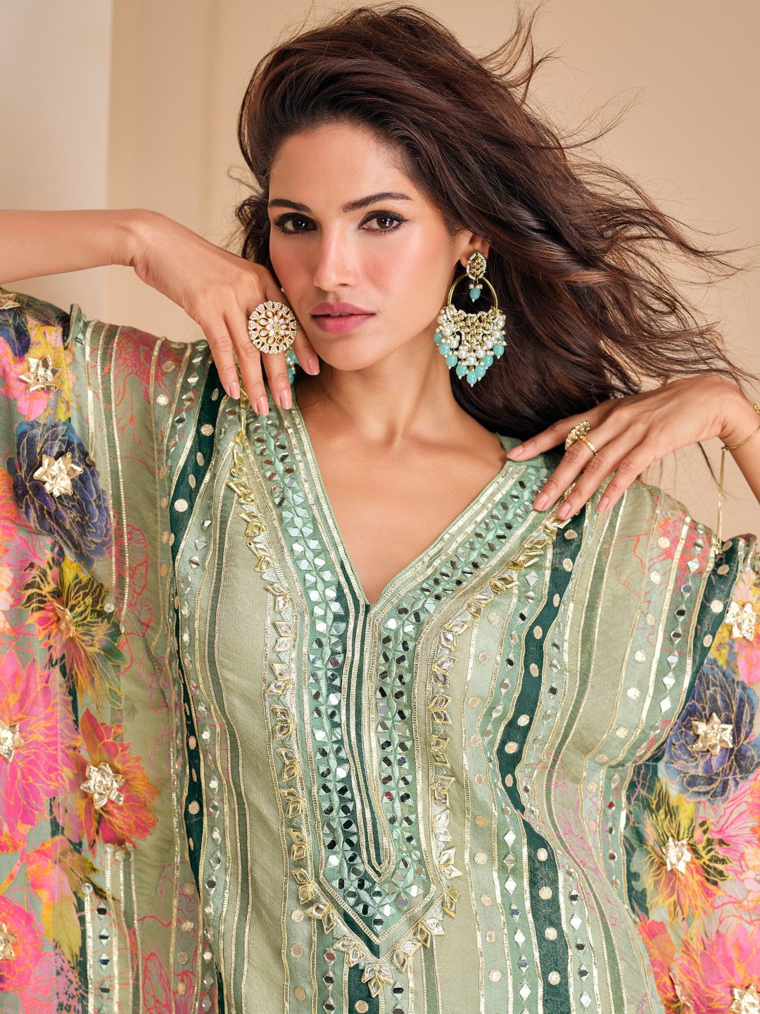 Designer Partywear Gota Patti Green Shimmer Tissue Kaftan Set