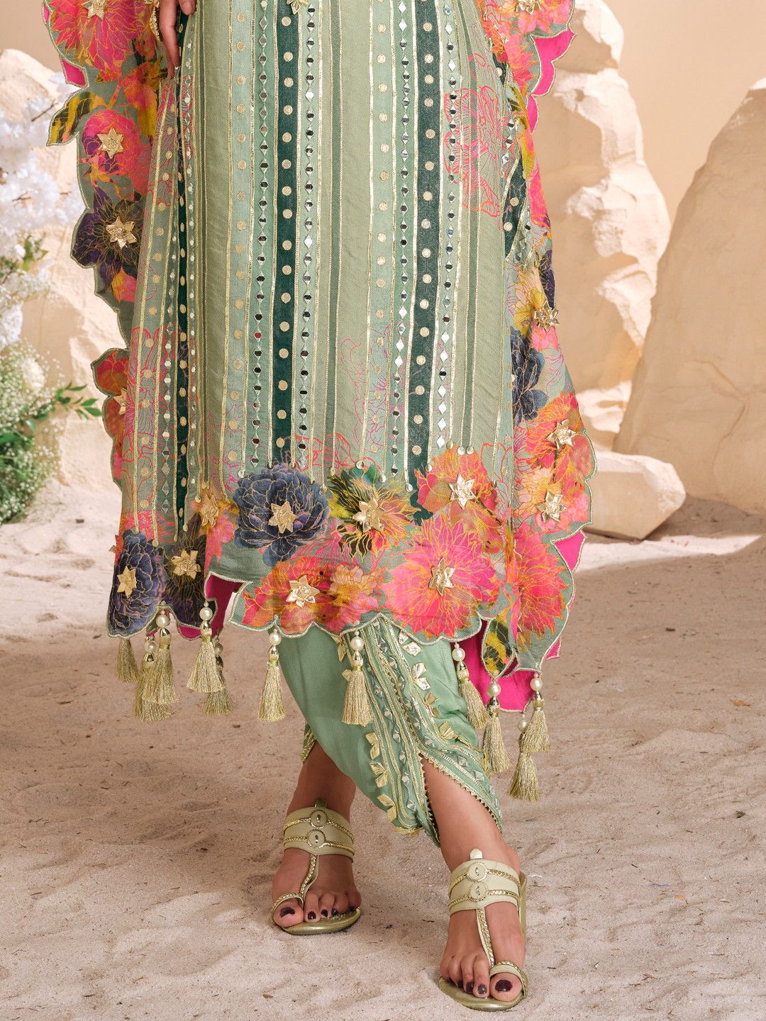 Designer Partywear Gota Patti Green Shimmer Tissue Kaftan Set