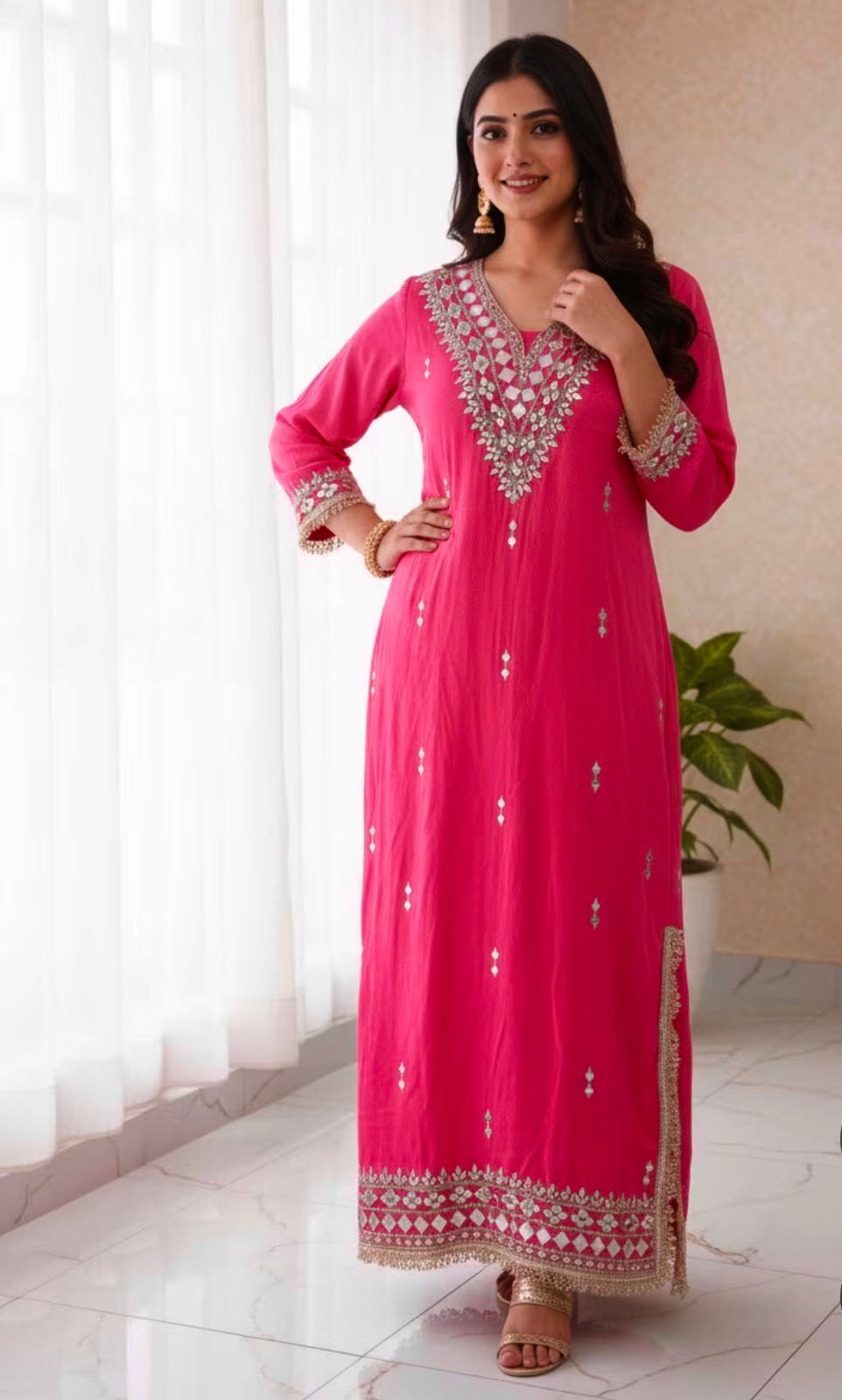 Celebrity Inspired Designer Shimmer Organza Long Dress With Embroidery and Mirror Work Detailing