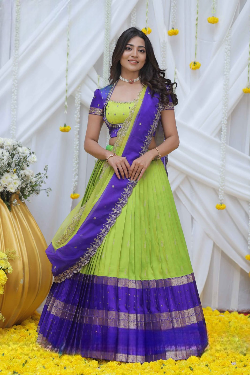 Nishkala Lime and Blue Gadval Silk Lehenga Choli
