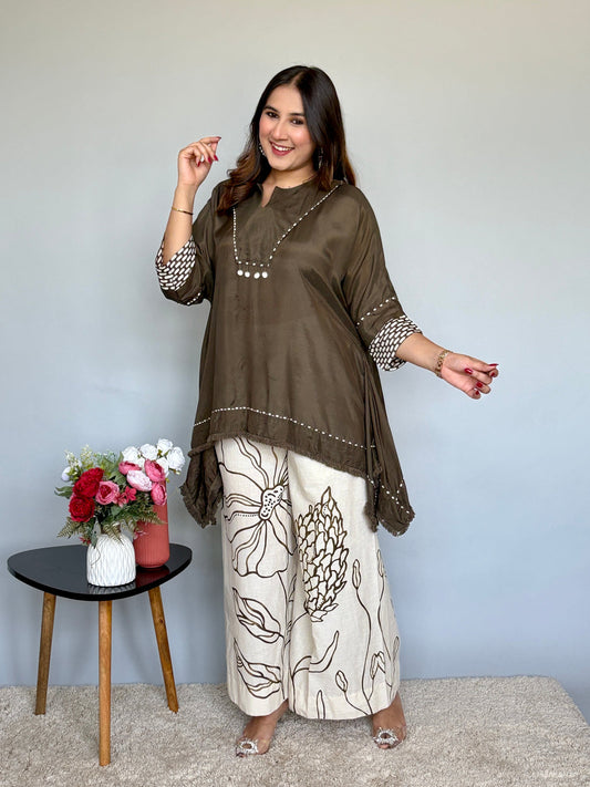 Designer Trendy Kaftan Style Top With Printed Flared Plazo Pants