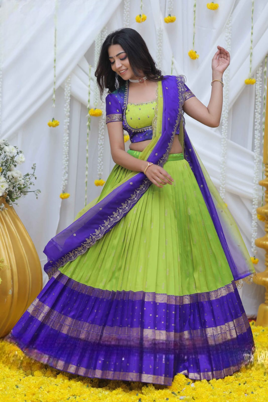 Nishkala Lime and Blue Gadval Silk Lehenga Choli