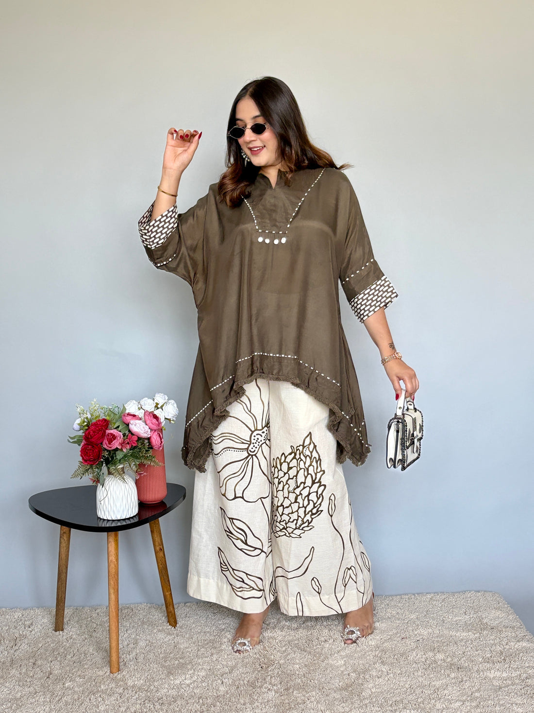Designer Trendy Kaftan Style Top With Printed Flared Plazo Pants