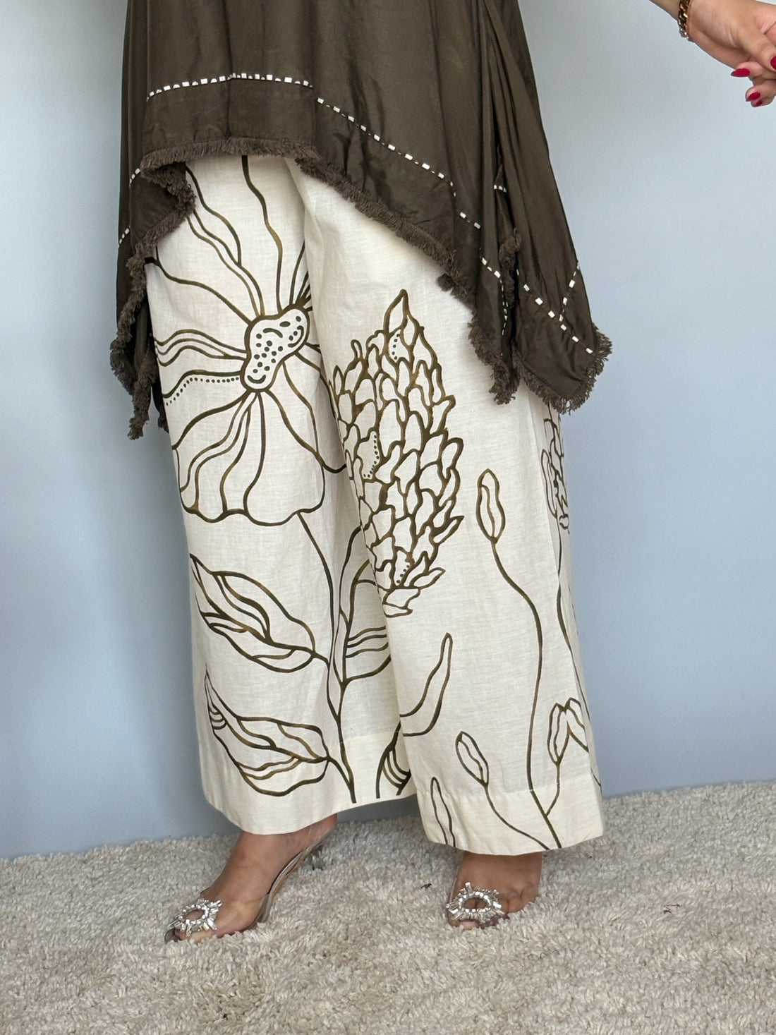 Designer Trendy Kaftan Style Top With Printed Flared Plazo Pants