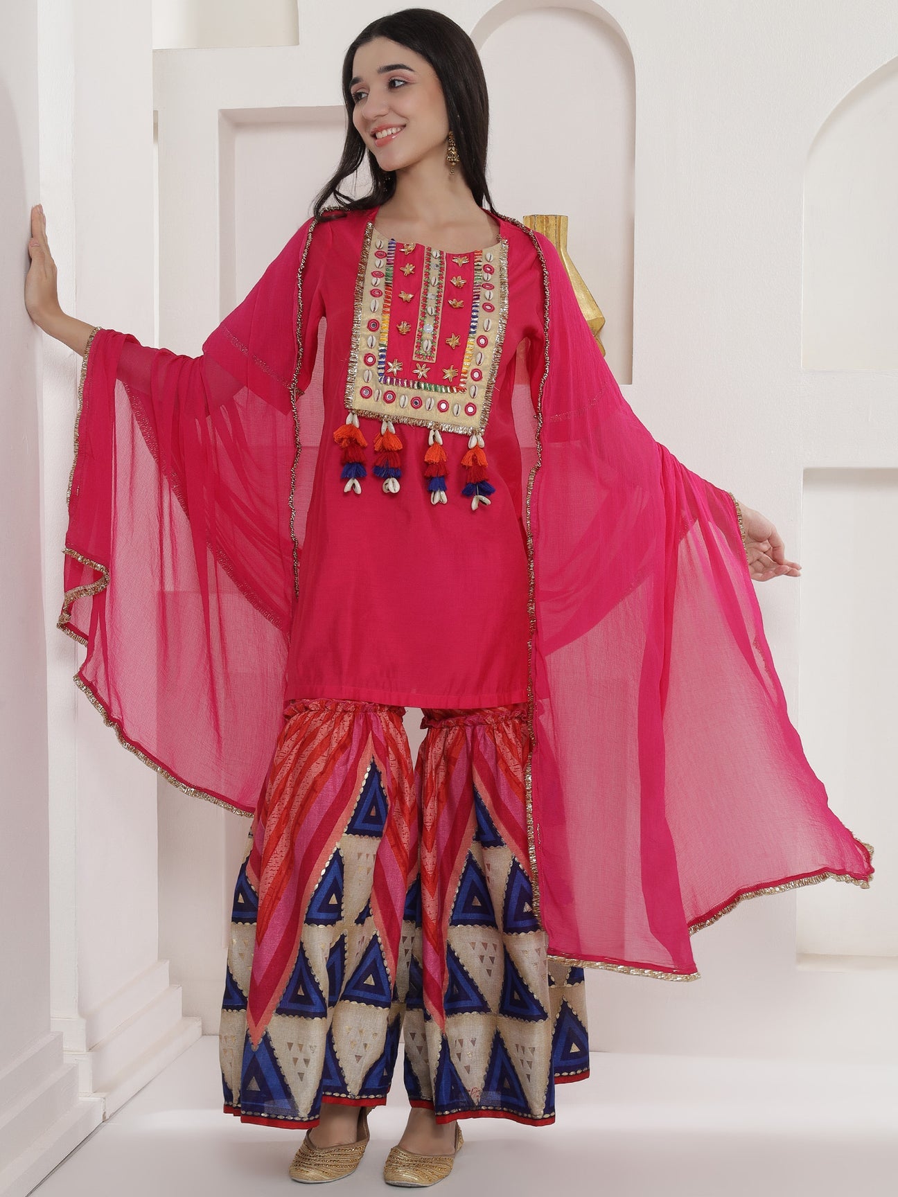 Designer Pink Geometric Prints Mirror Work Sharara Suit Set