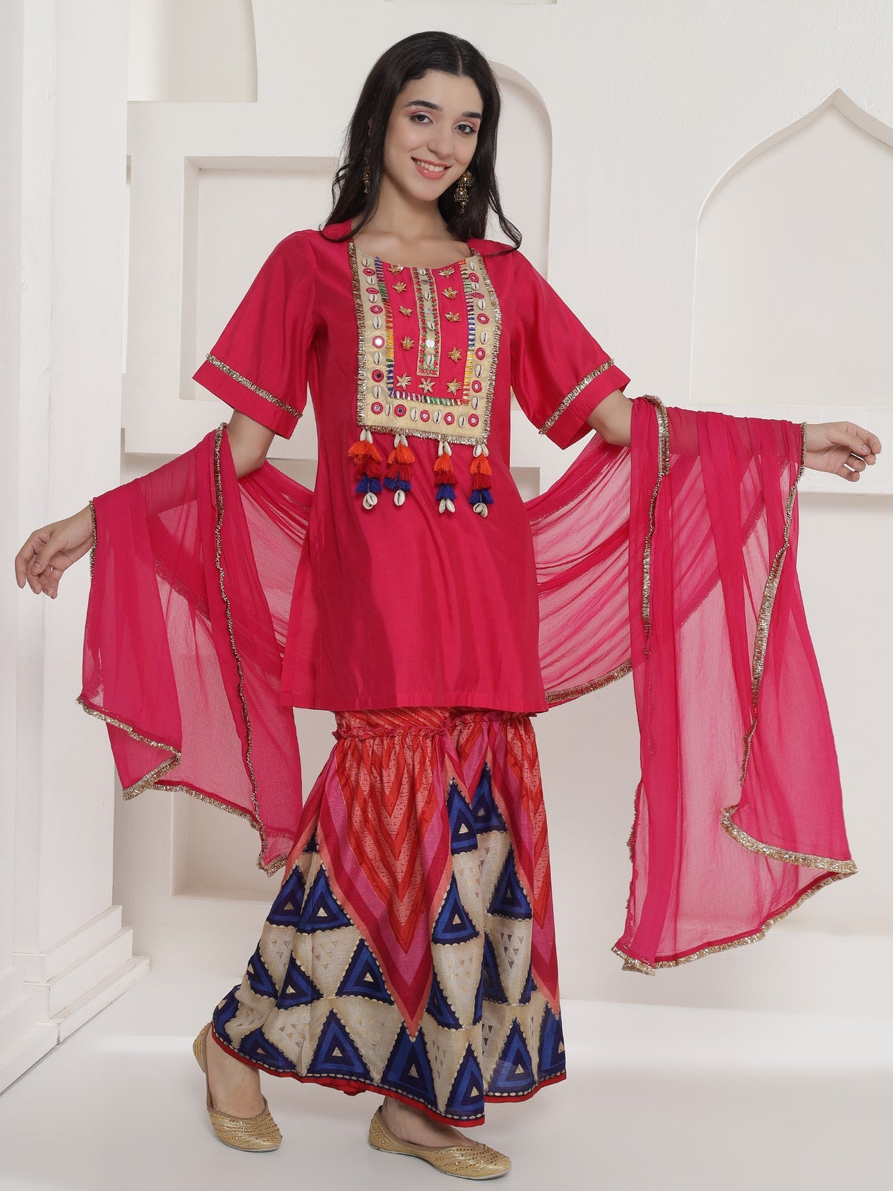 Designer Pink Geometric Prints Mirror Work Sharara Suit Set