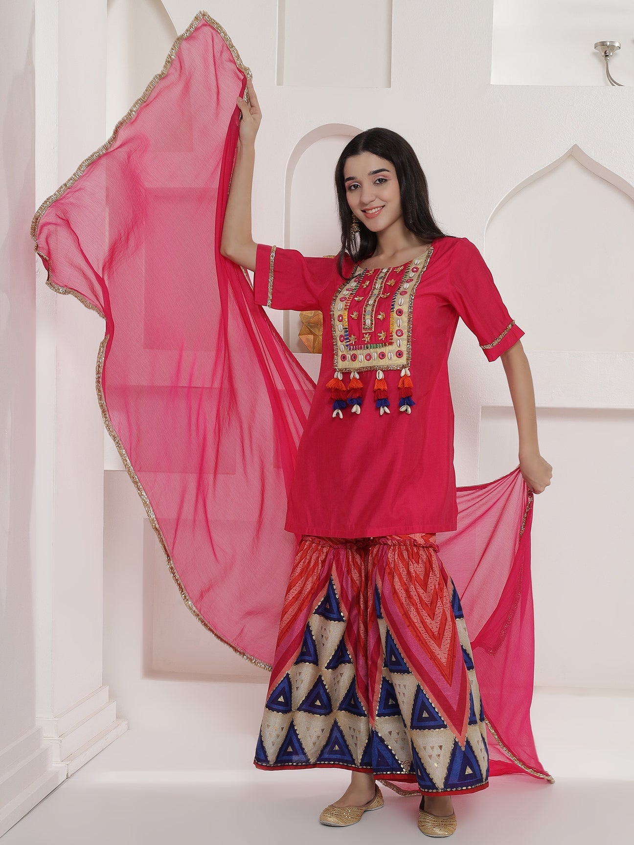 Designer Pink Geometric Prints Mirror Work Sharara Suit Set