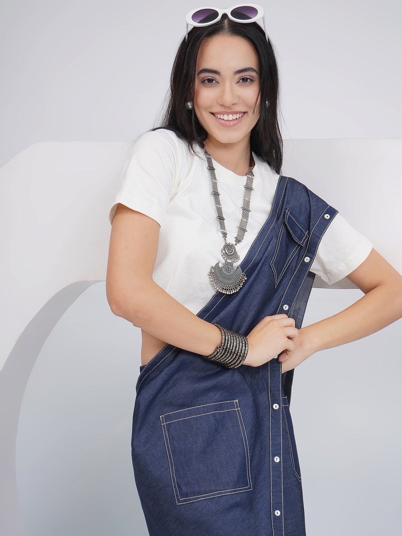 Designer Denim Skirt With Attached Drape And Top