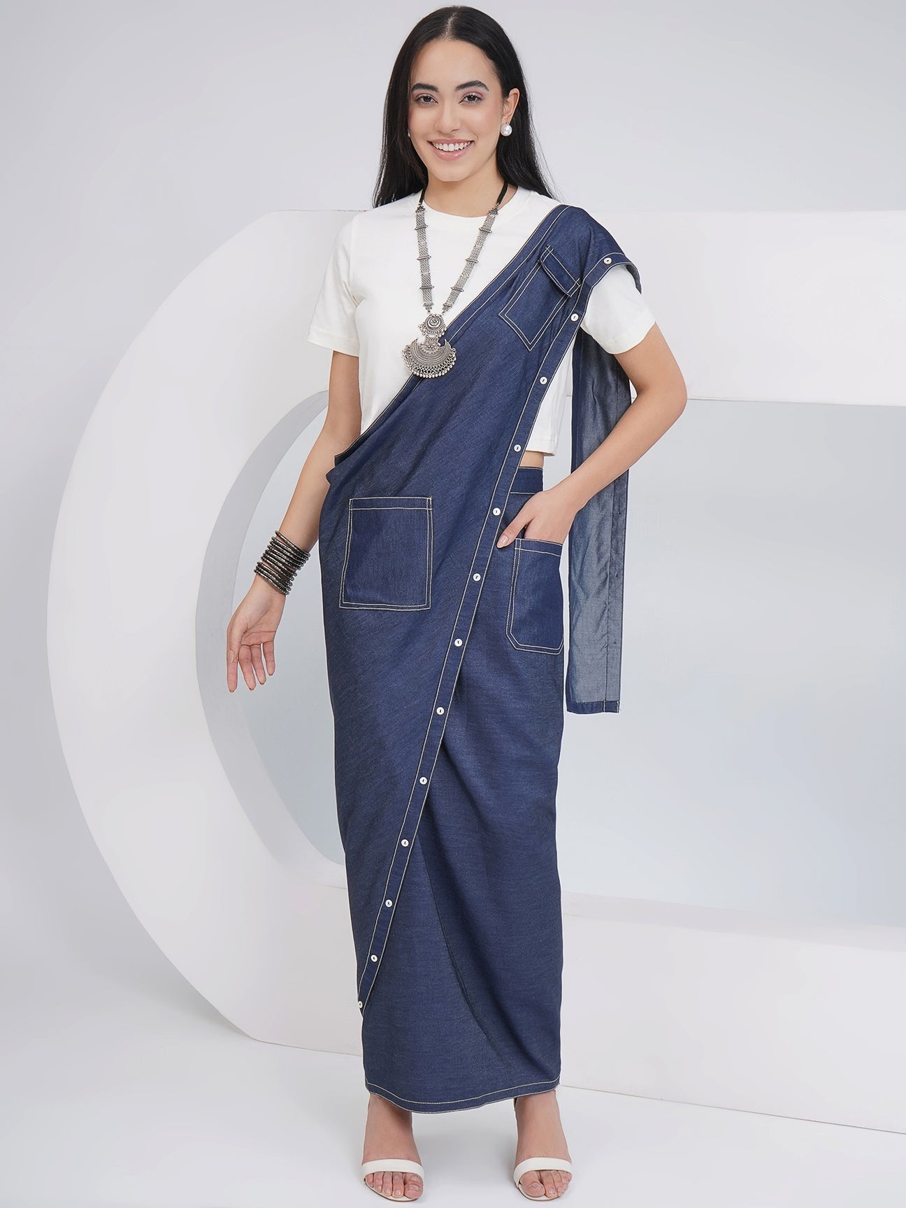 Designer Denim Skirt With Attached Drape And Top