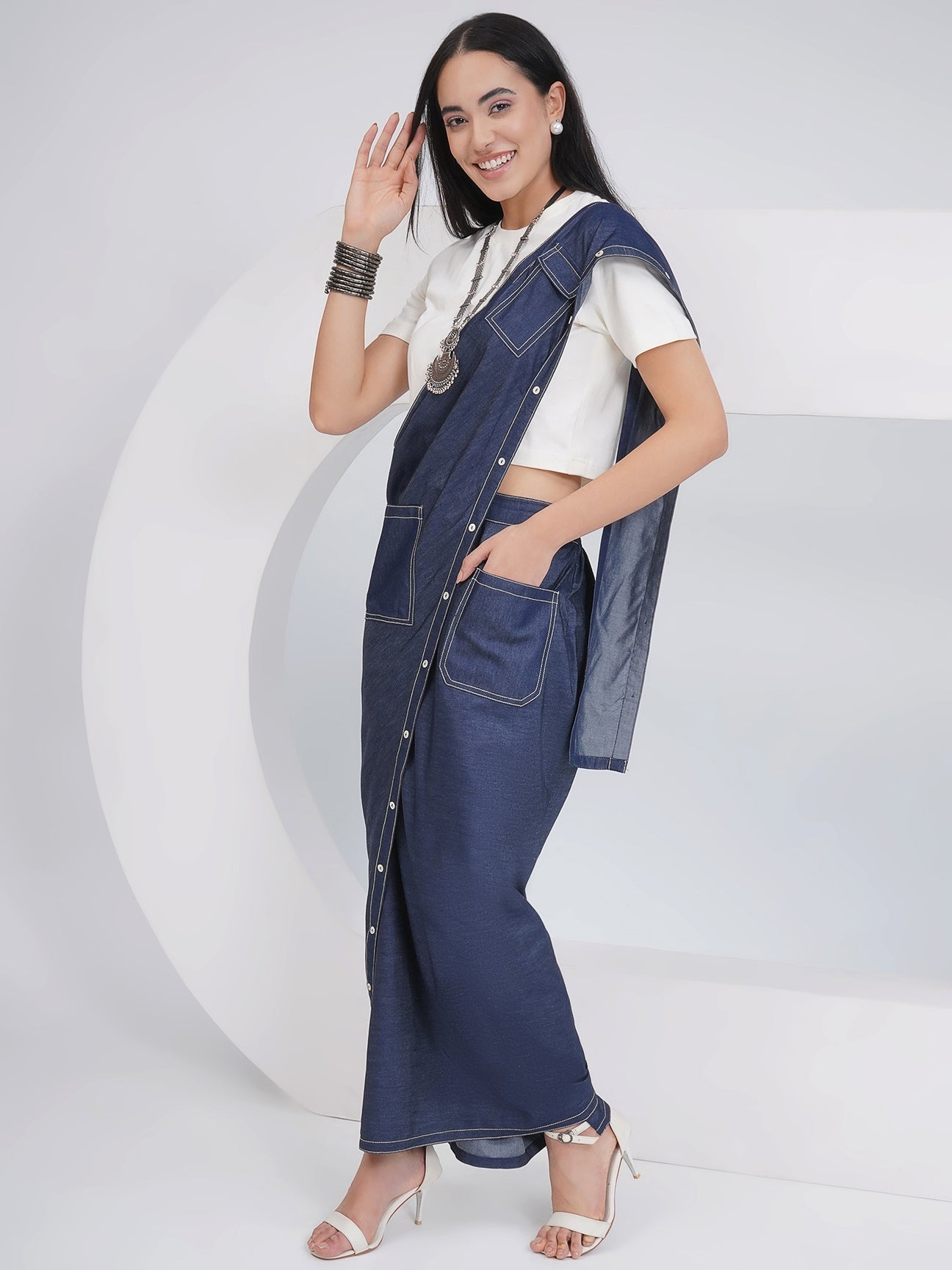 Designer Denim Skirt With Attached Drape And Top