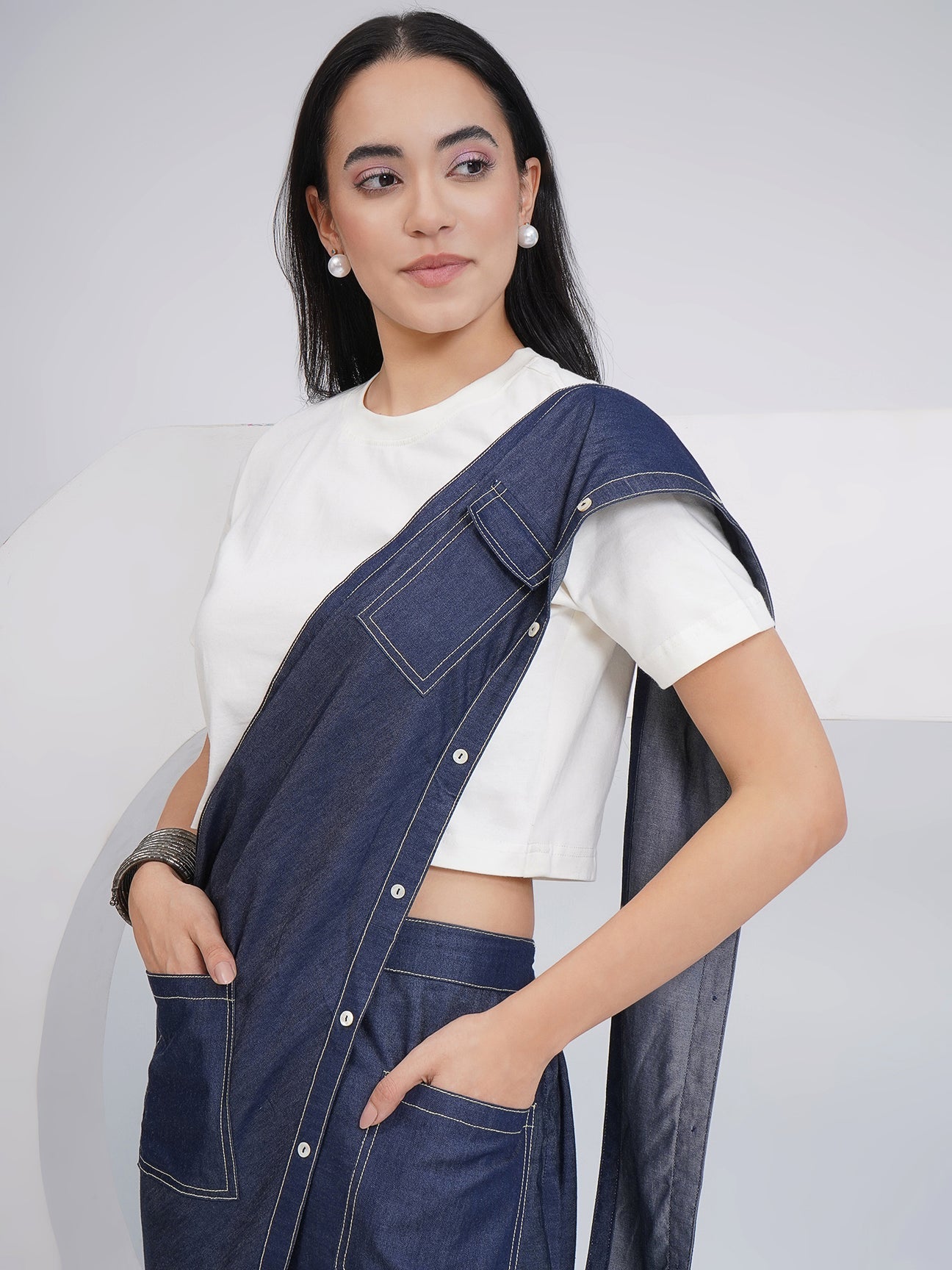 Designer Denim Skirt With Attached Drape And Top