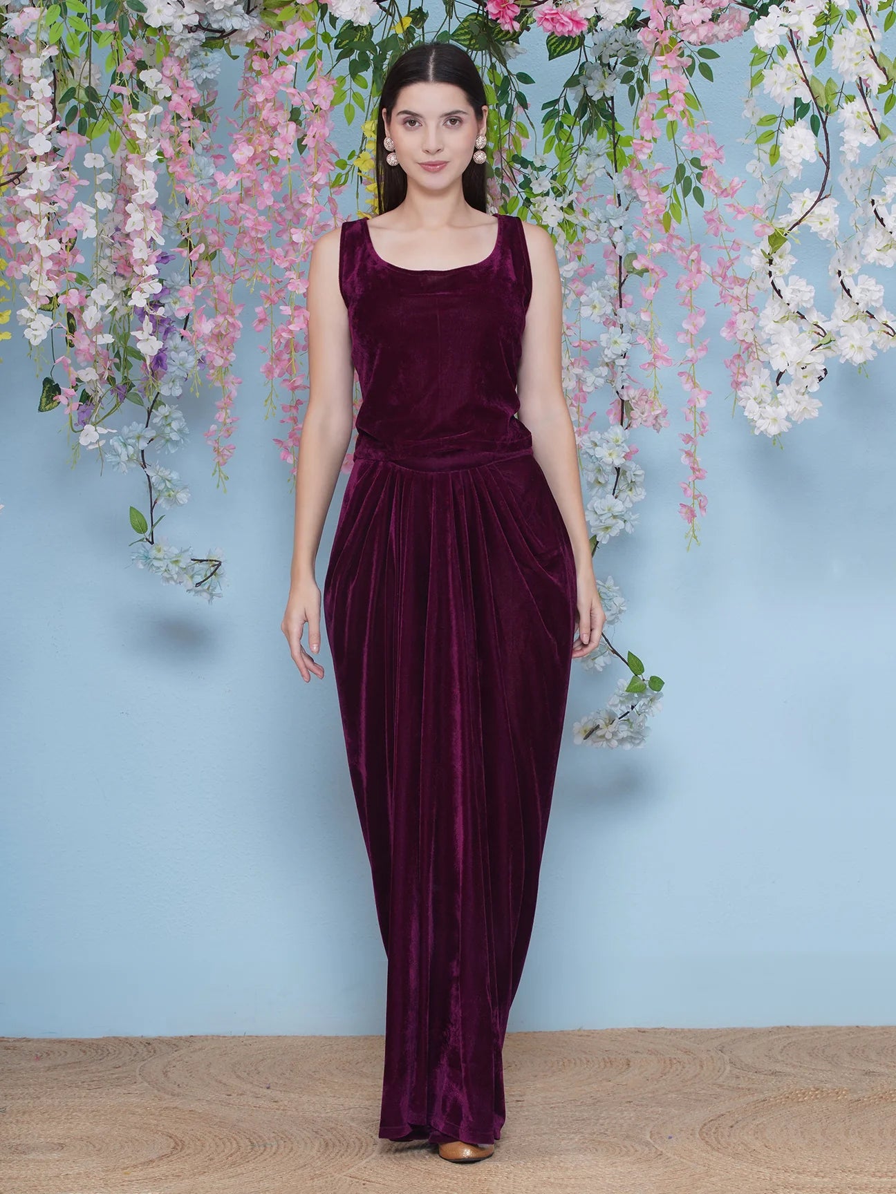 Wine Velvet hand Embellished cape with inner and dhoti/drape skirt set