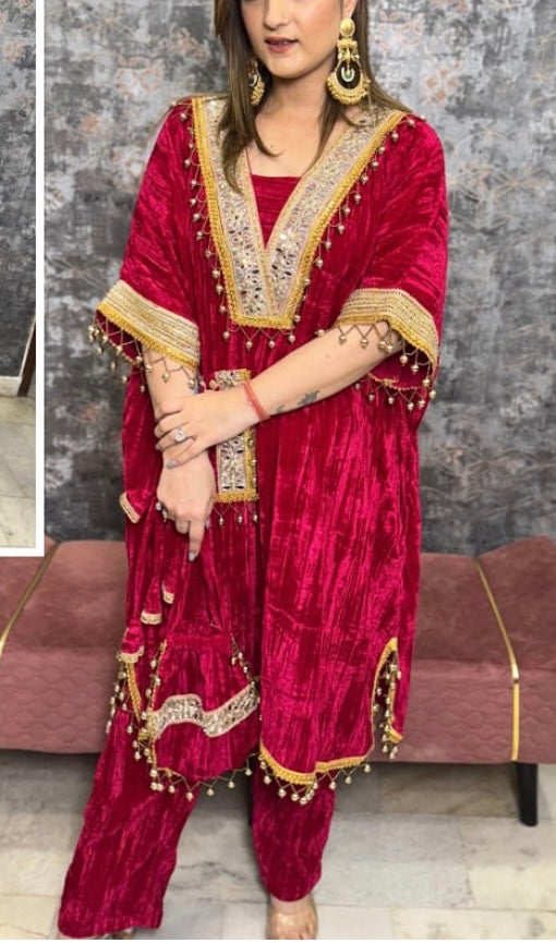 Maroon Crush Velvet Choga Co-ord Set With Potli