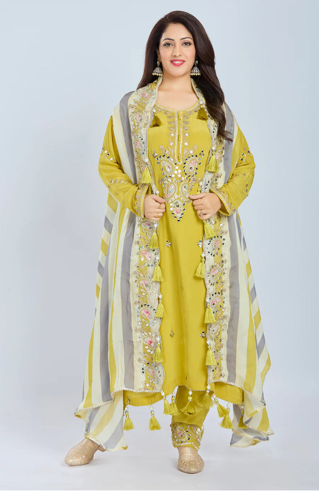 Designer Partywear Yellow Pure Crepe Kurta Set with Straight Pants and Crepe Jacket
