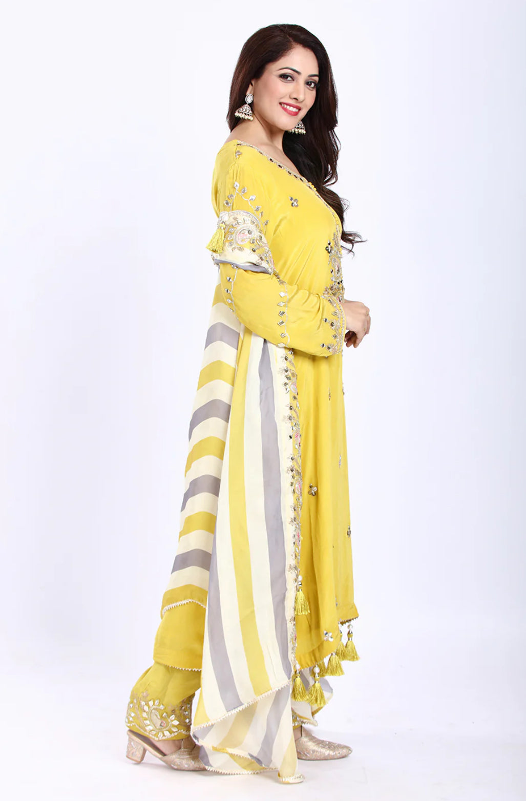 Designer Partywear Yellow Pure Crepe Kurta Set with Straight Pants and Crepe Jacket
