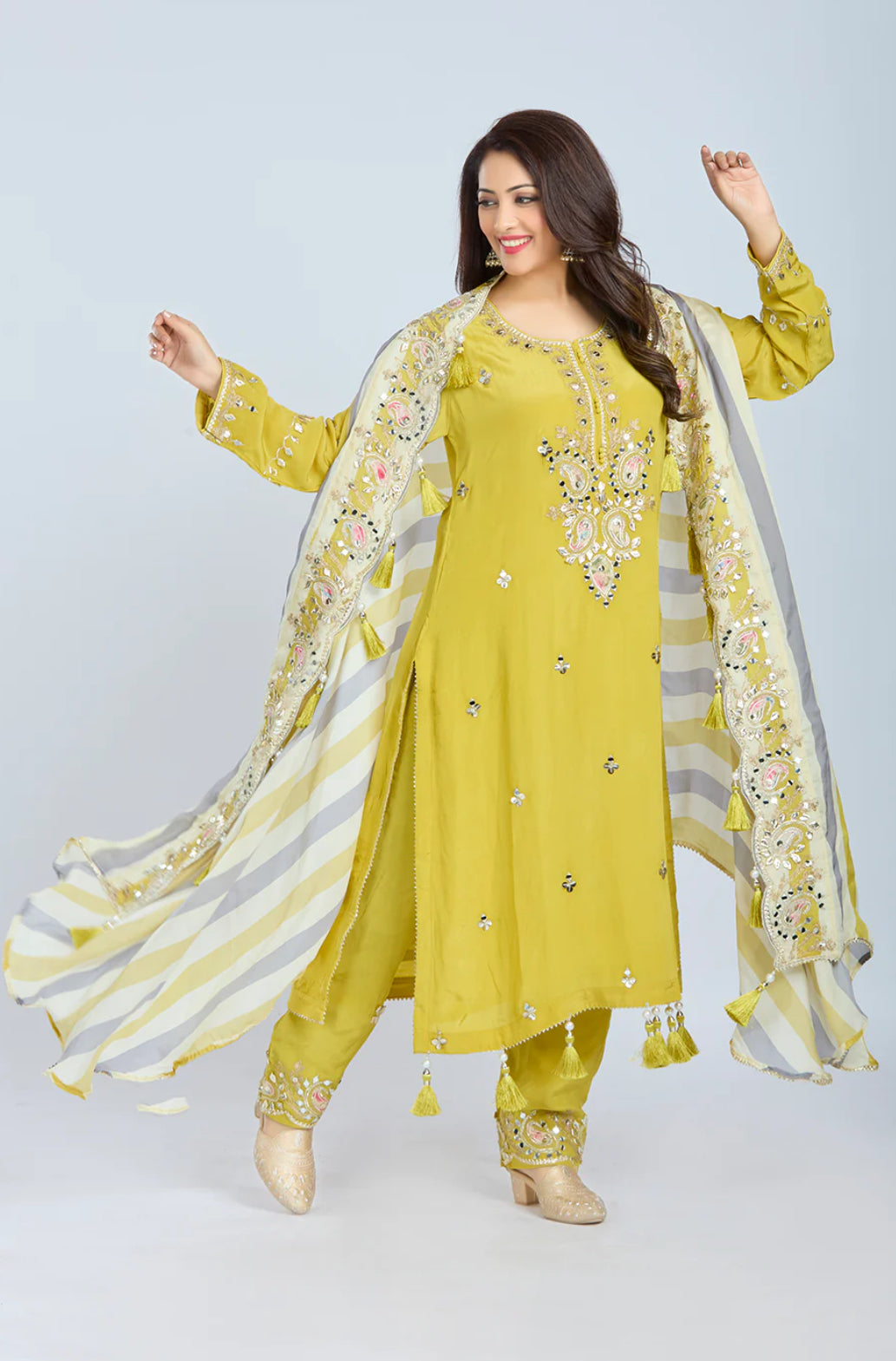 Designer Partywear Yellow Pure Crepe Kurta Set with Straight Pants and Crepe Jacket