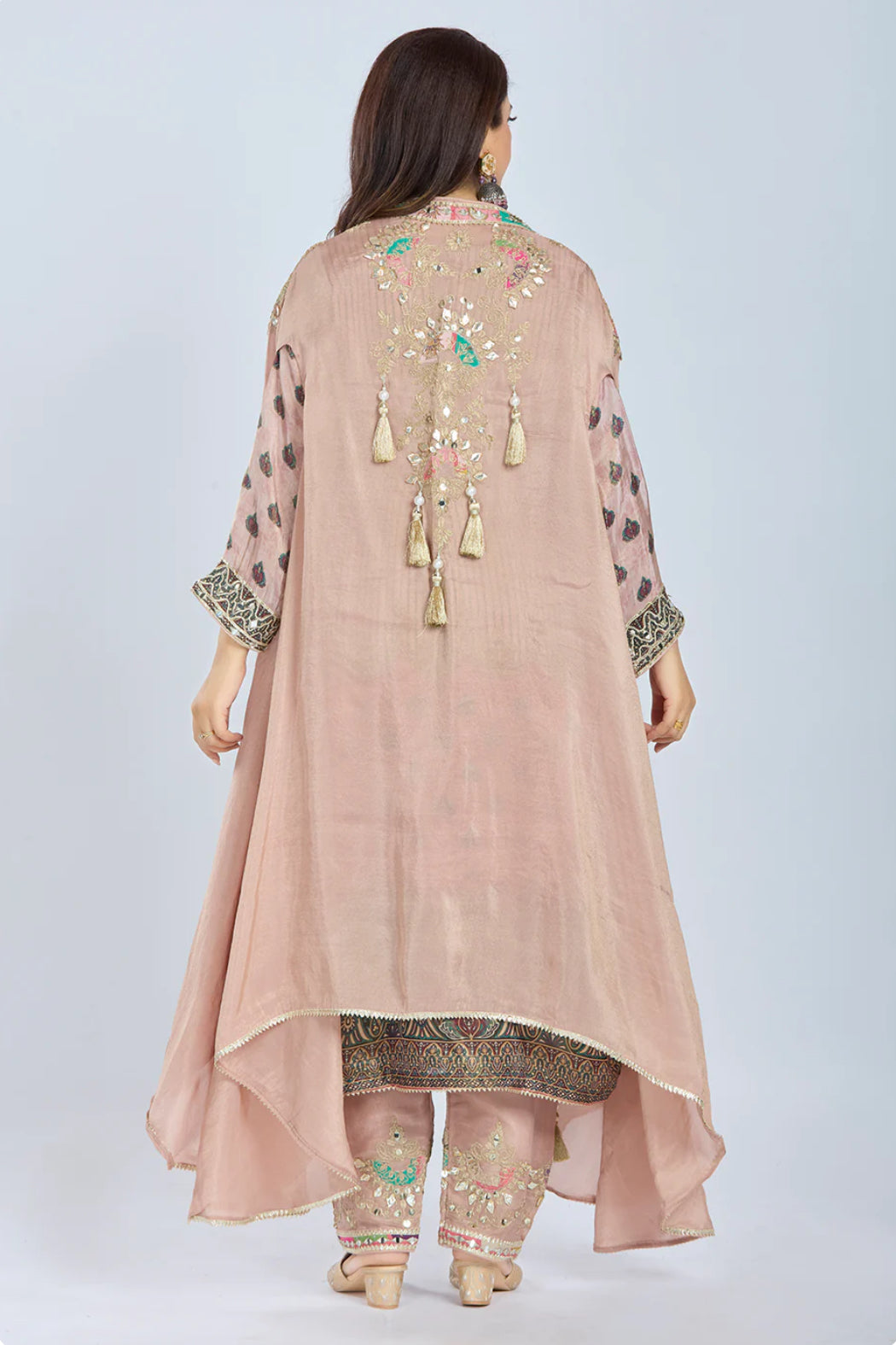 Designer Partywear Peach Chinon Kurta Set with Straight Pants and Organza Jacket With Gota Patti And Mirrorwork