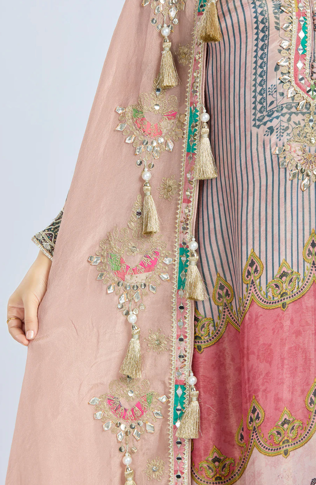 Designer Partywear Peach Chinon Kurta Set with Straight Pants and Organza Jacket With Gota Patti And Mirrorwork