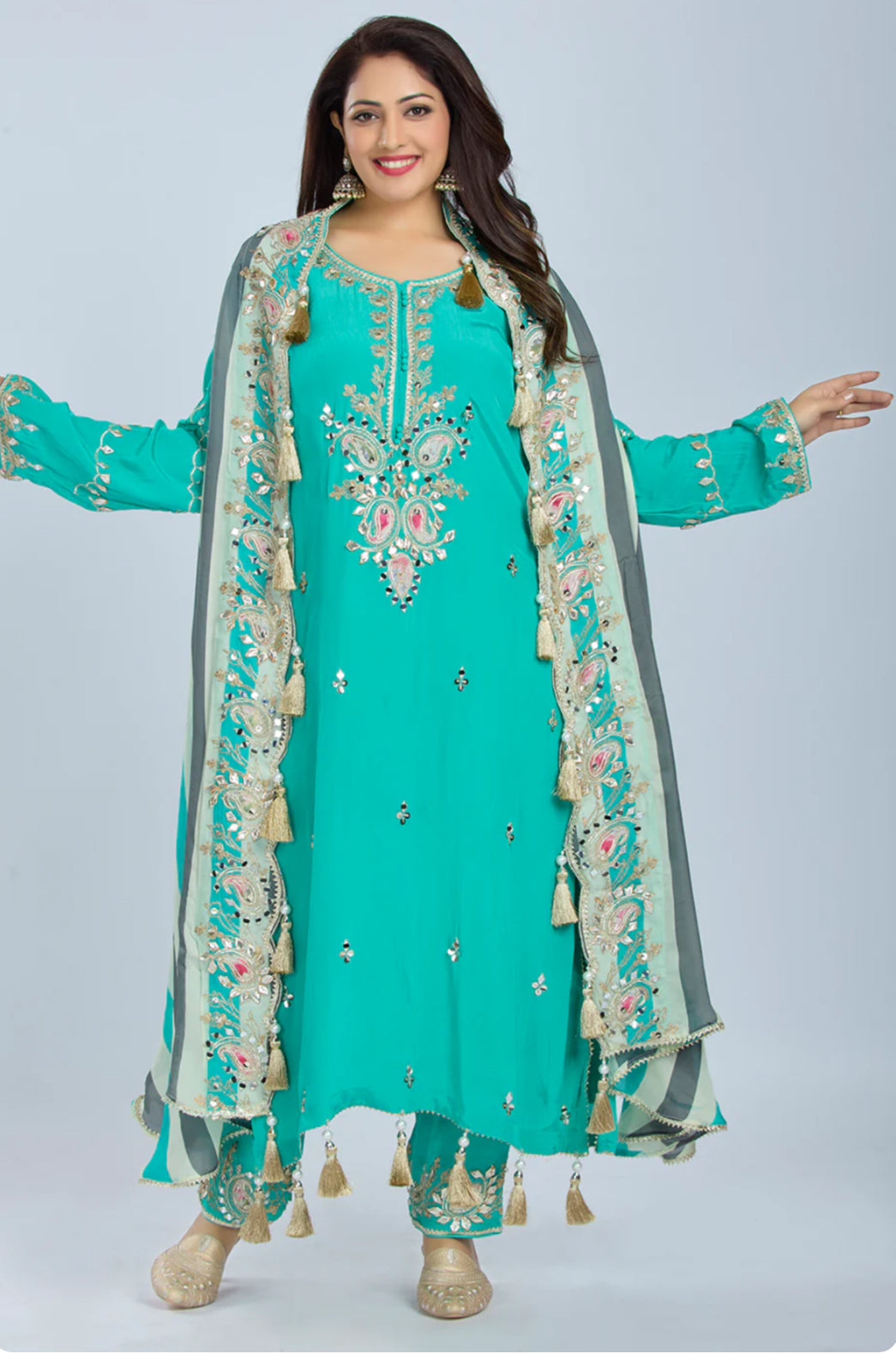 Designer Partywear Aqua Green Pure Crepe Kurta Set with Straight Pants and Crepe Jacket