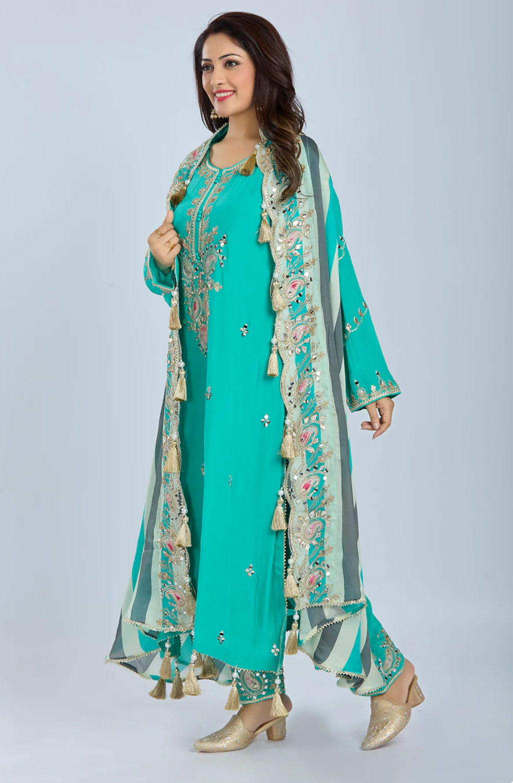 Designer Partywear Aqua Green Pure Crepe Kurta Set with Straight Pants and Crepe Jacket