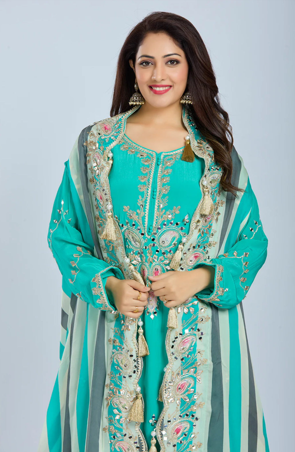 Designer Partywear Aqua Green Pure Crepe Kurta Set with Straight Pants and Crepe Jacket