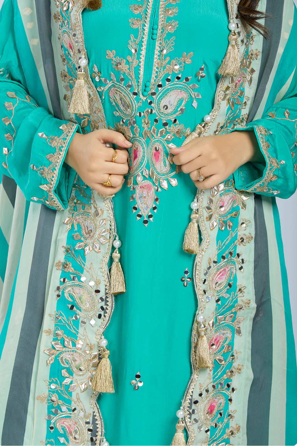 Designer Partywear Aqua Green Pure Crepe Kurta Set with Straight Pants and Crepe Jacket