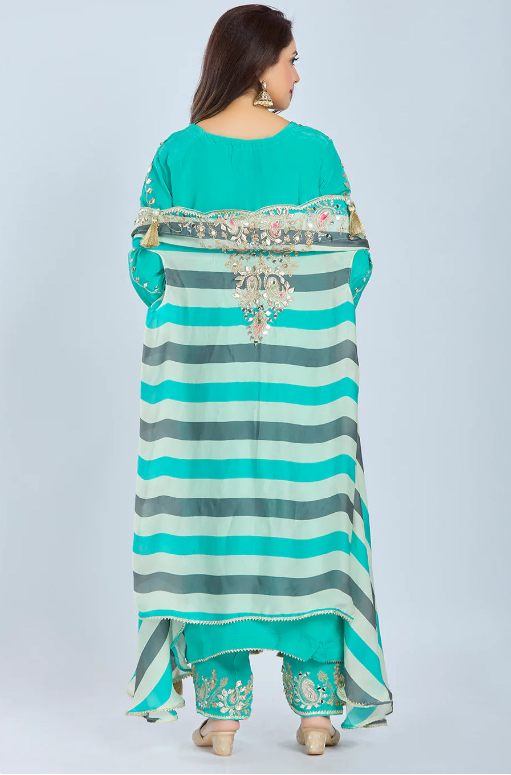Designer Partywear Aqua Green Pure Crepe Kurta Set with Straight Pants and Crepe Jacket