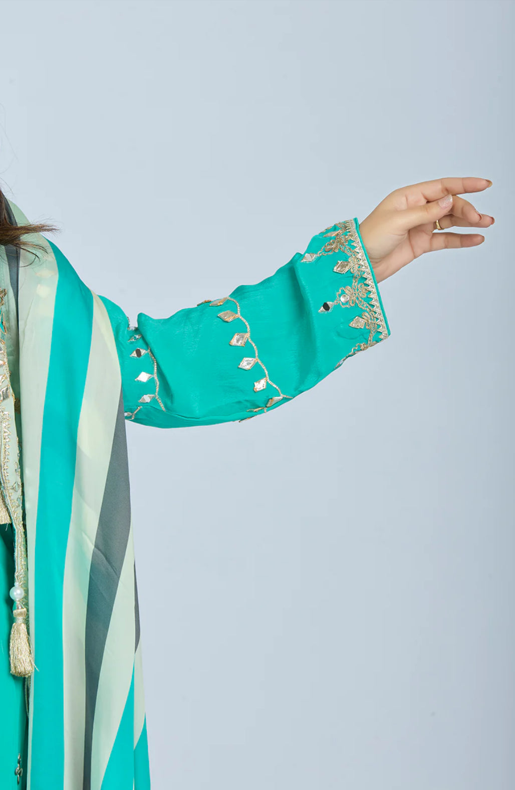 Designer Partywear Aqua Green Pure Crepe Kurta Set with Straight Pants and Crepe Jacket