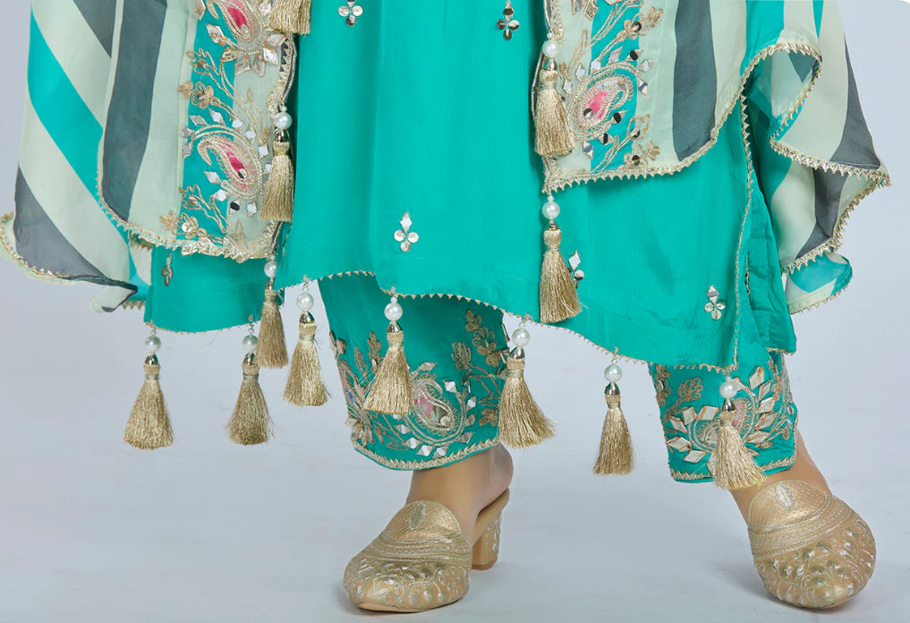 Designer Partywear Aqua Green Pure Crepe Kurta Set with Straight Pants and Crepe Jacket