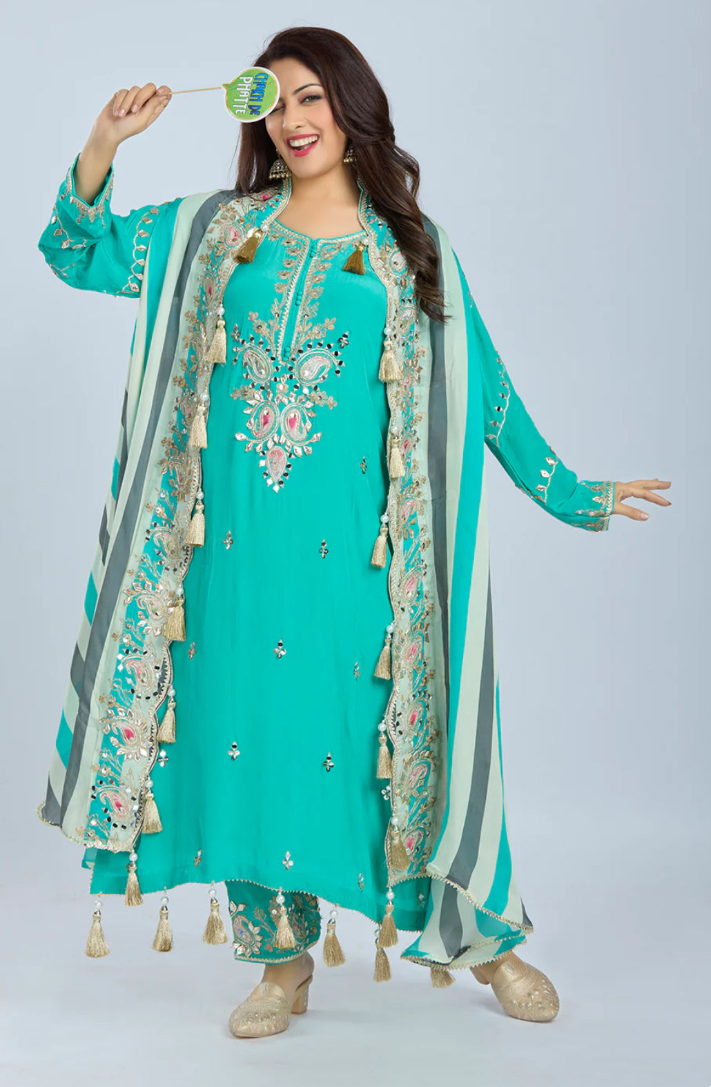 Designer Partywear Aqua Green Pure Crepe Kurta Set with Straight Pants and Crepe Jacket
