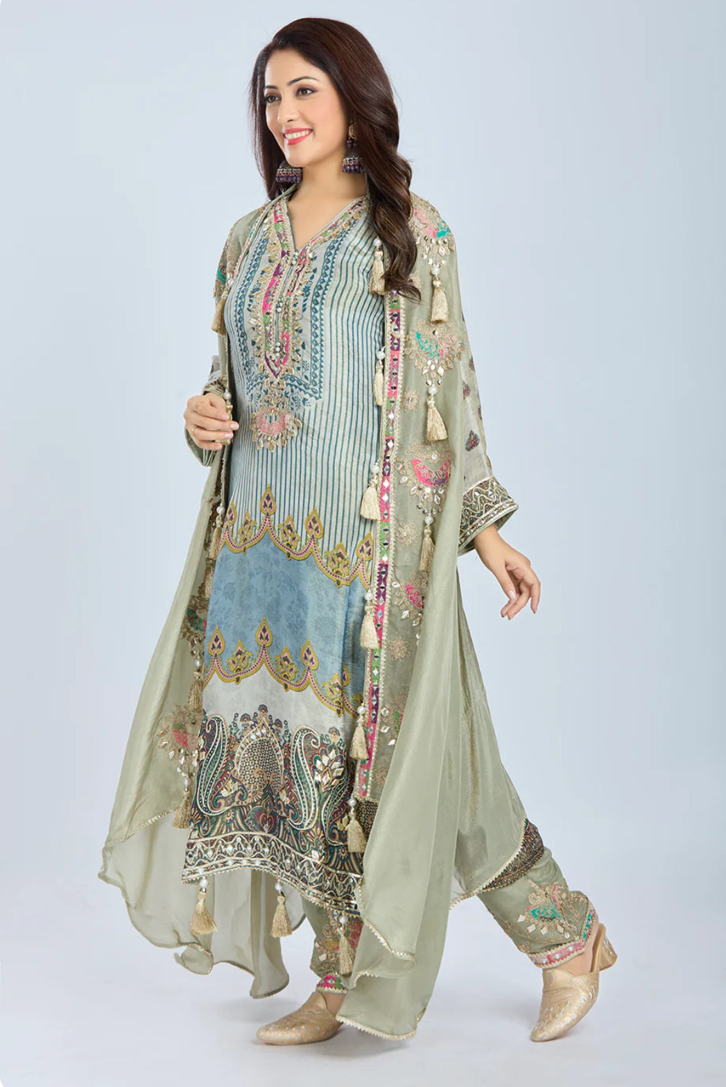 Designer Partywear Pista Green Chinon Kurta Set with Straight Pants and Organza Jacket With Gota Patti And Mirrorwork