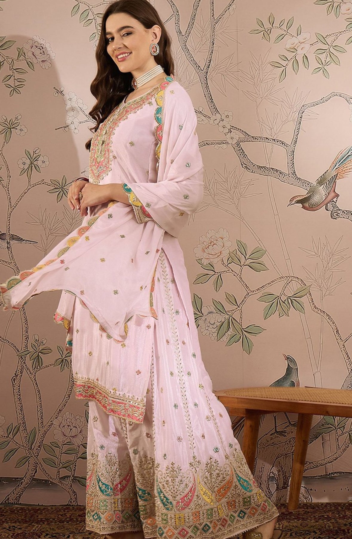 Partywear Designer Baby Pink Zari Embroidered Silk Blend Laacha