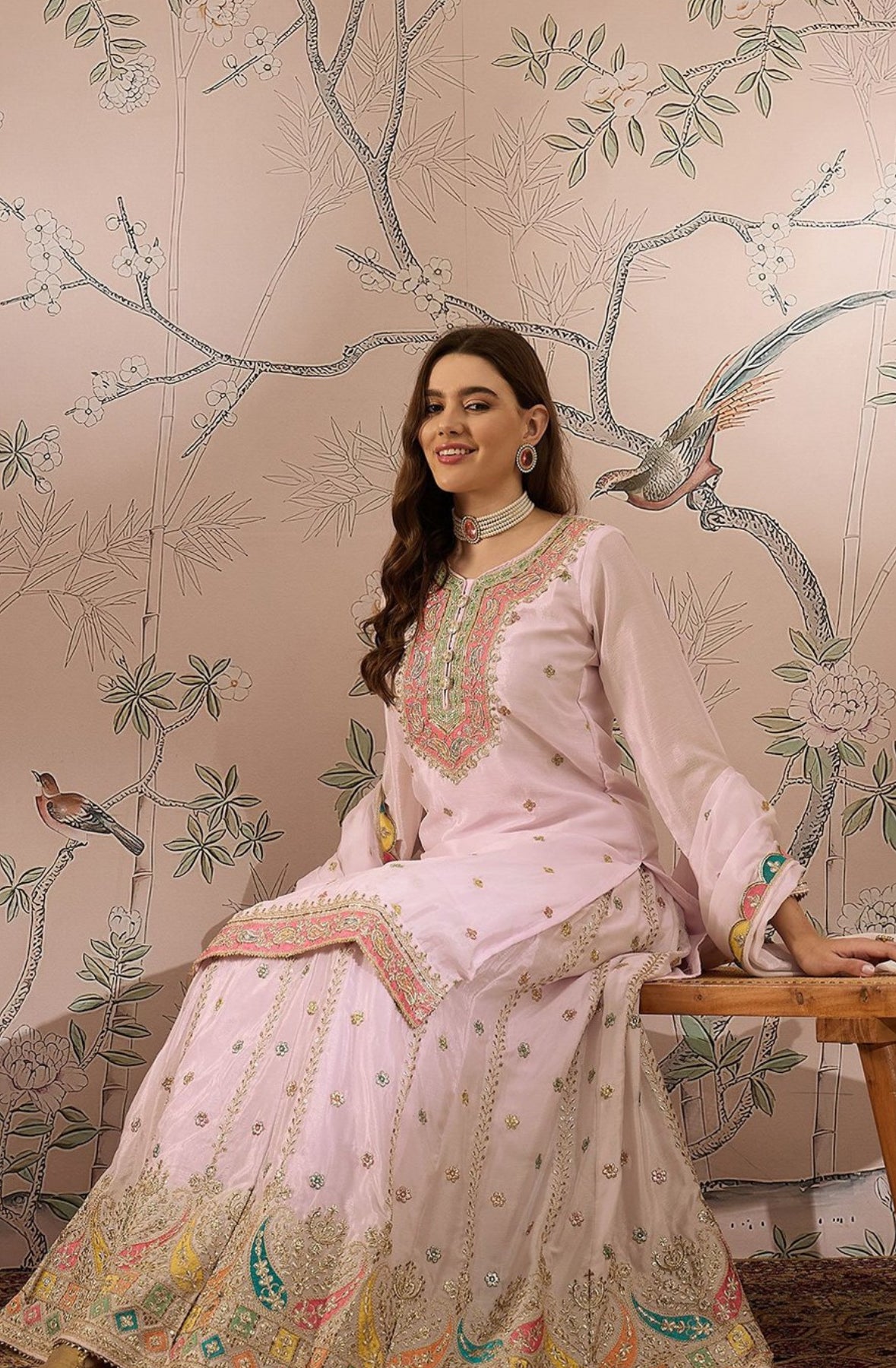 Partywear Designer Baby Pink Zari Embroidered Silk Blend Laacha