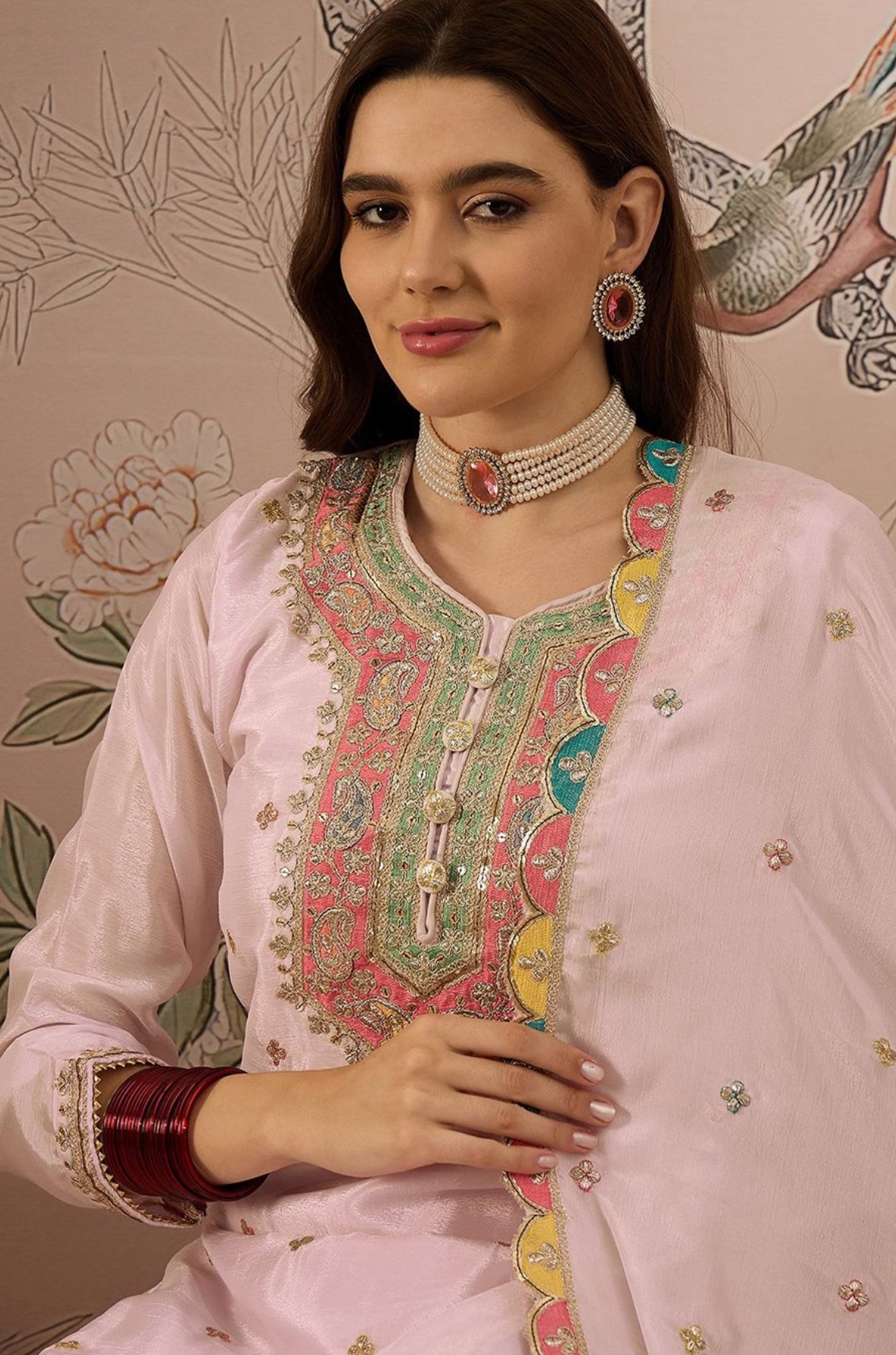 Partywear Designer Baby Pink Zari Embroidered Silk Blend Laacha