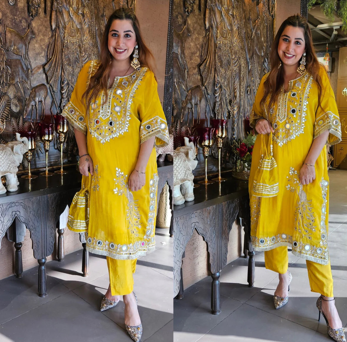 Shimmer Tunic with Gota Patti and Mirror work with matching straight pants.