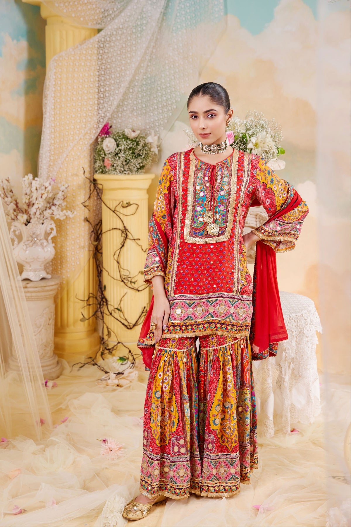 Red Printed Pure Crepe Silk Sharara Set