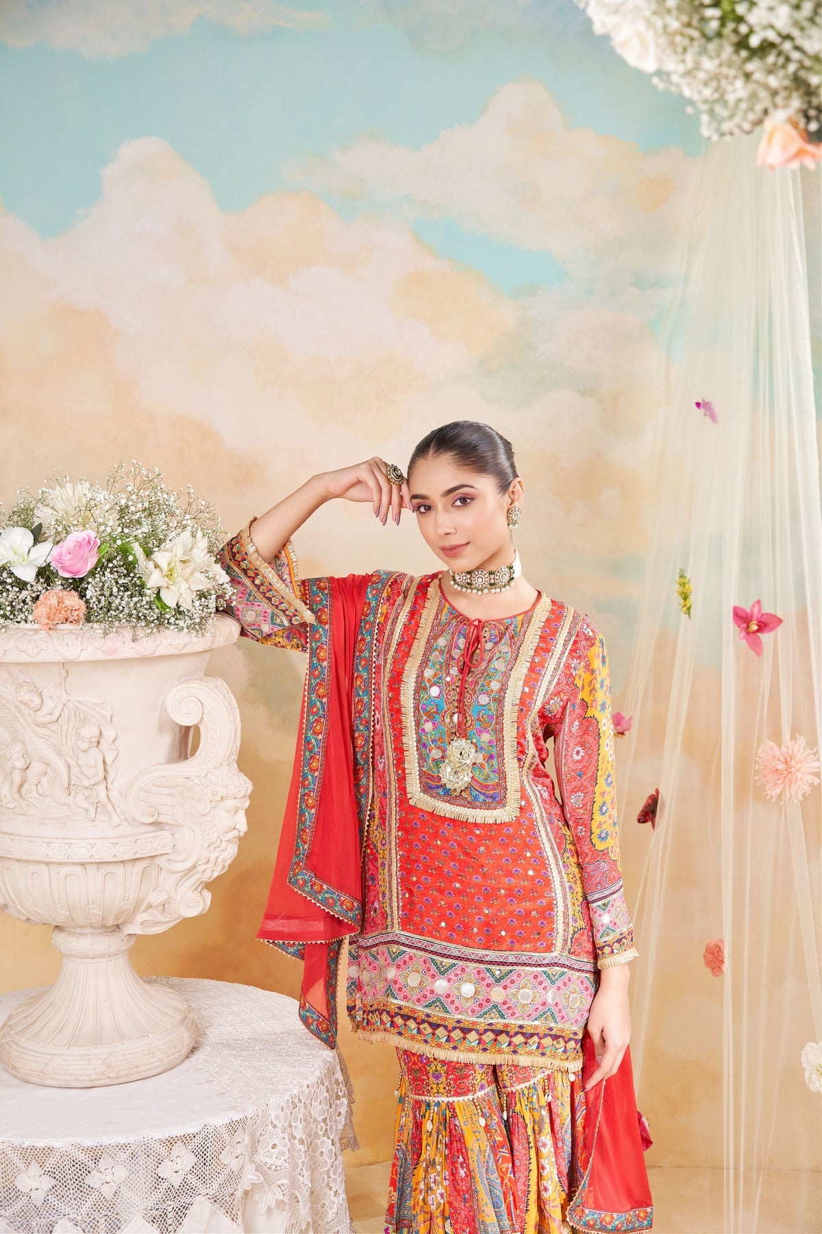 Red Printed Pure Crepe Silk Sharara Set