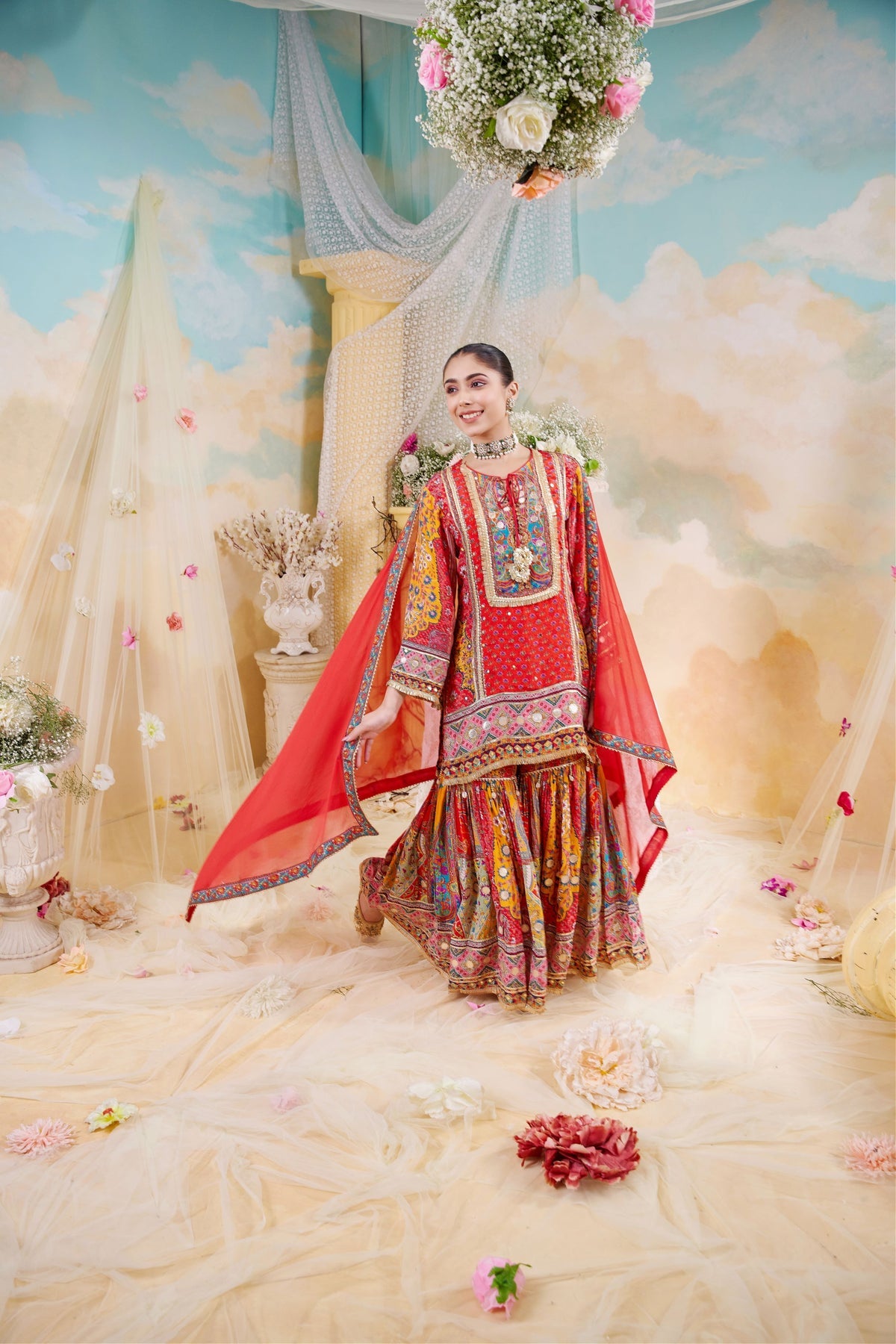 Red Printed Pure Crepe Silk Sharara Set
