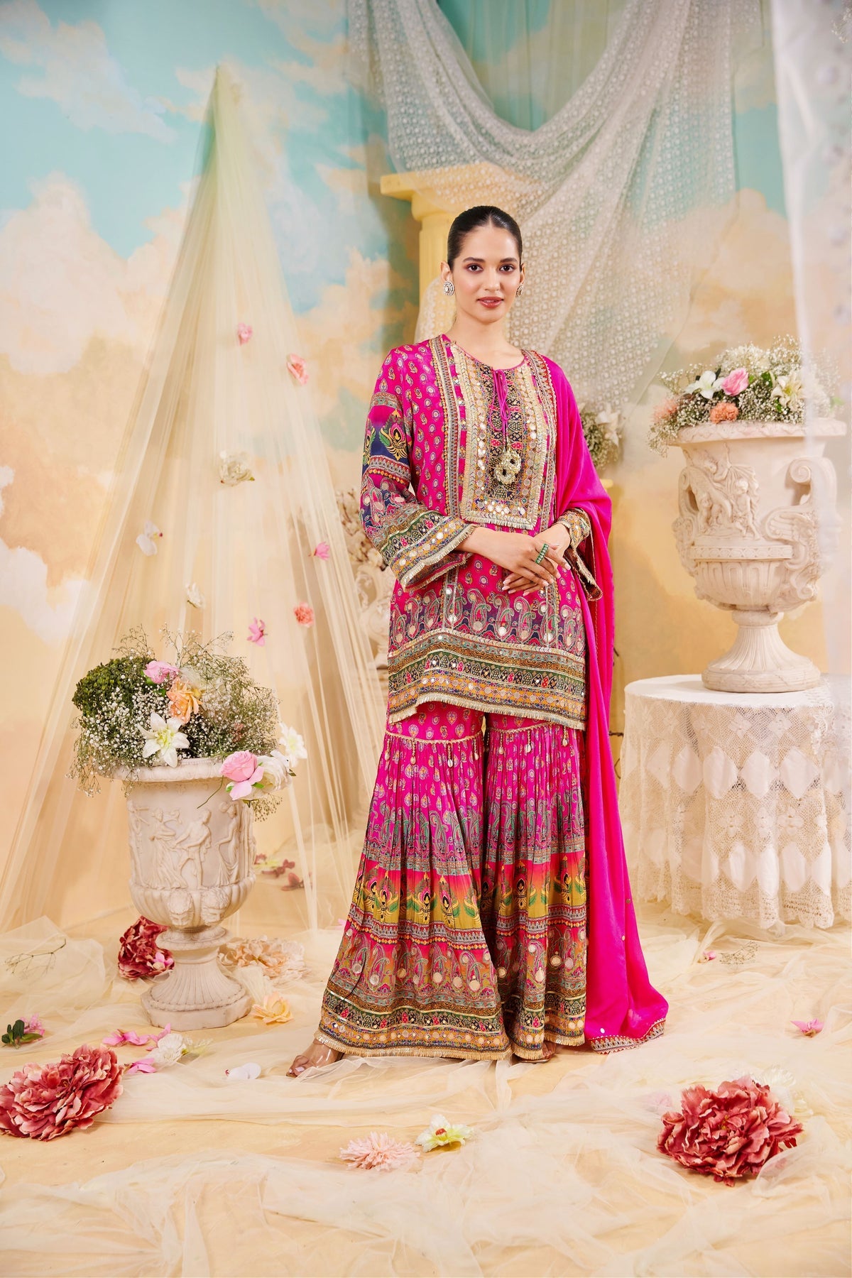 Rani Pink Pure Crepe Ethnic Printed Sharara Set