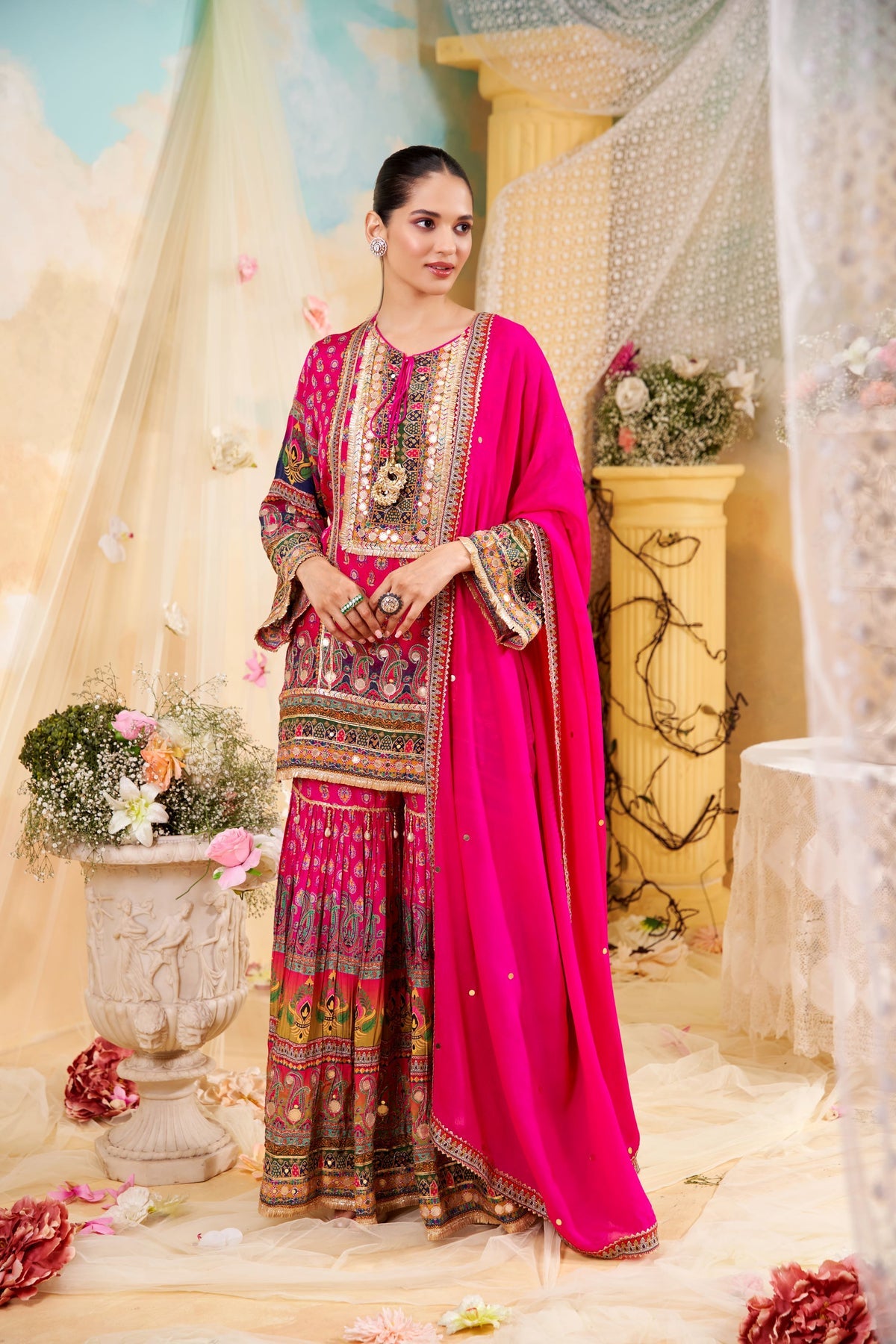 Rani Pink Pure Crepe Ethnic Printed Sharara Set