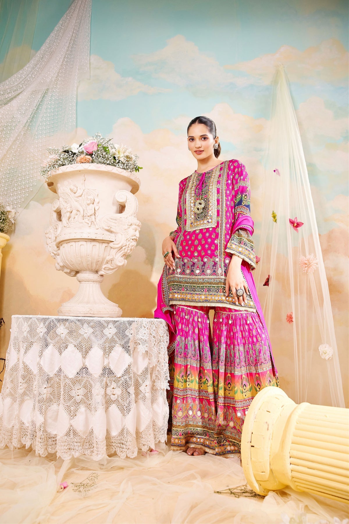 Rani Pink Pure Crepe Ethnic Printed Sharara Set
