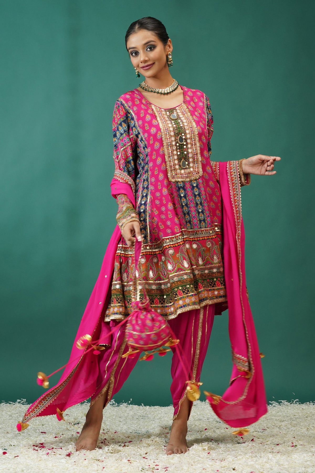 Rani Pink Pure Crepe Short Anarkali Peplum Top With Dhoti Pants