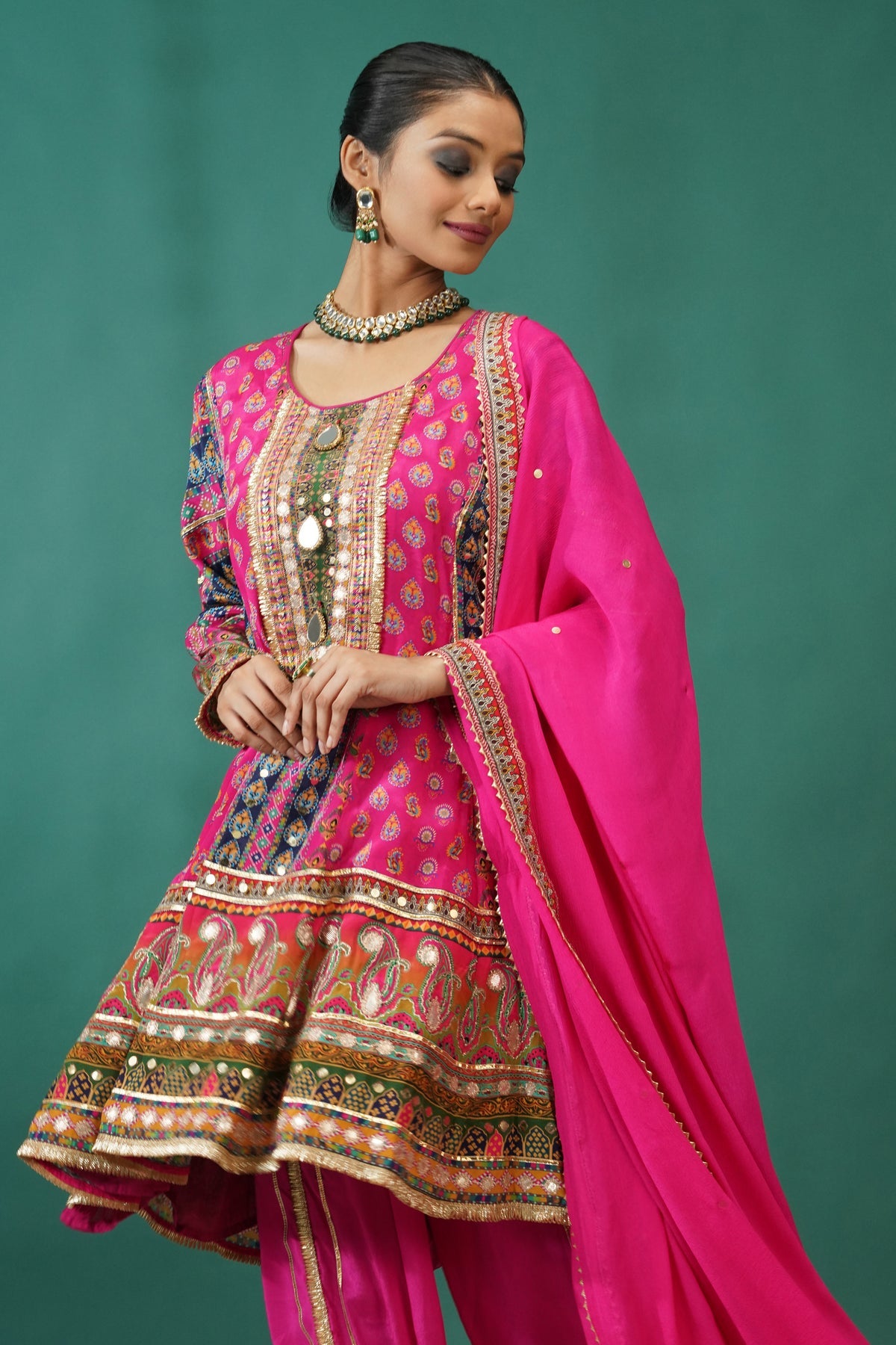 Rani Pink Pure Crepe Short Anarkali Peplum Top With Dhoti Pants