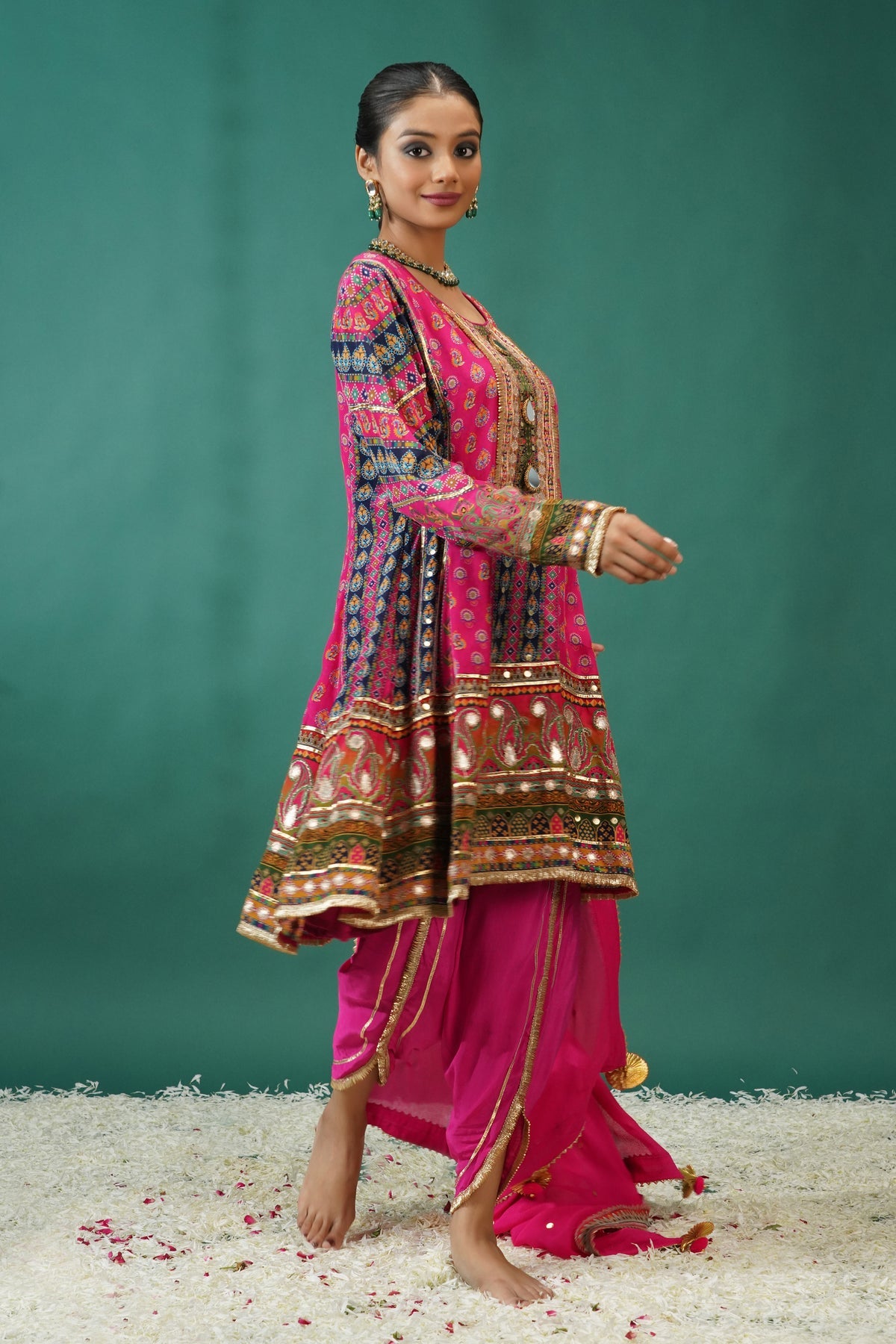 Rani Pink Pure Crepe Short Anarkali Peplum Top With Dhoti Pants