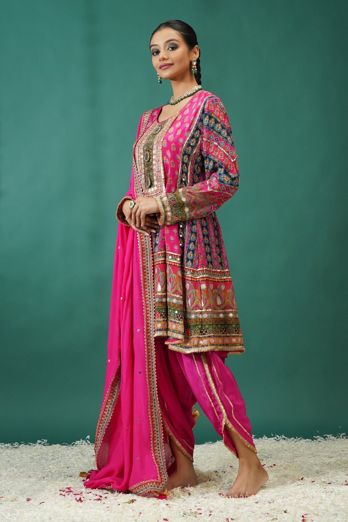 Rani Pink Pure Crepe Short Anarkali Peplum Top With Dhoti Pants