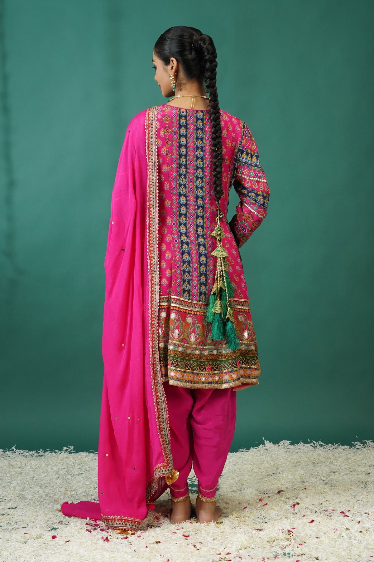Rani Pink Pure Crepe Short Anarkali Peplum Top With Dhoti Pants
