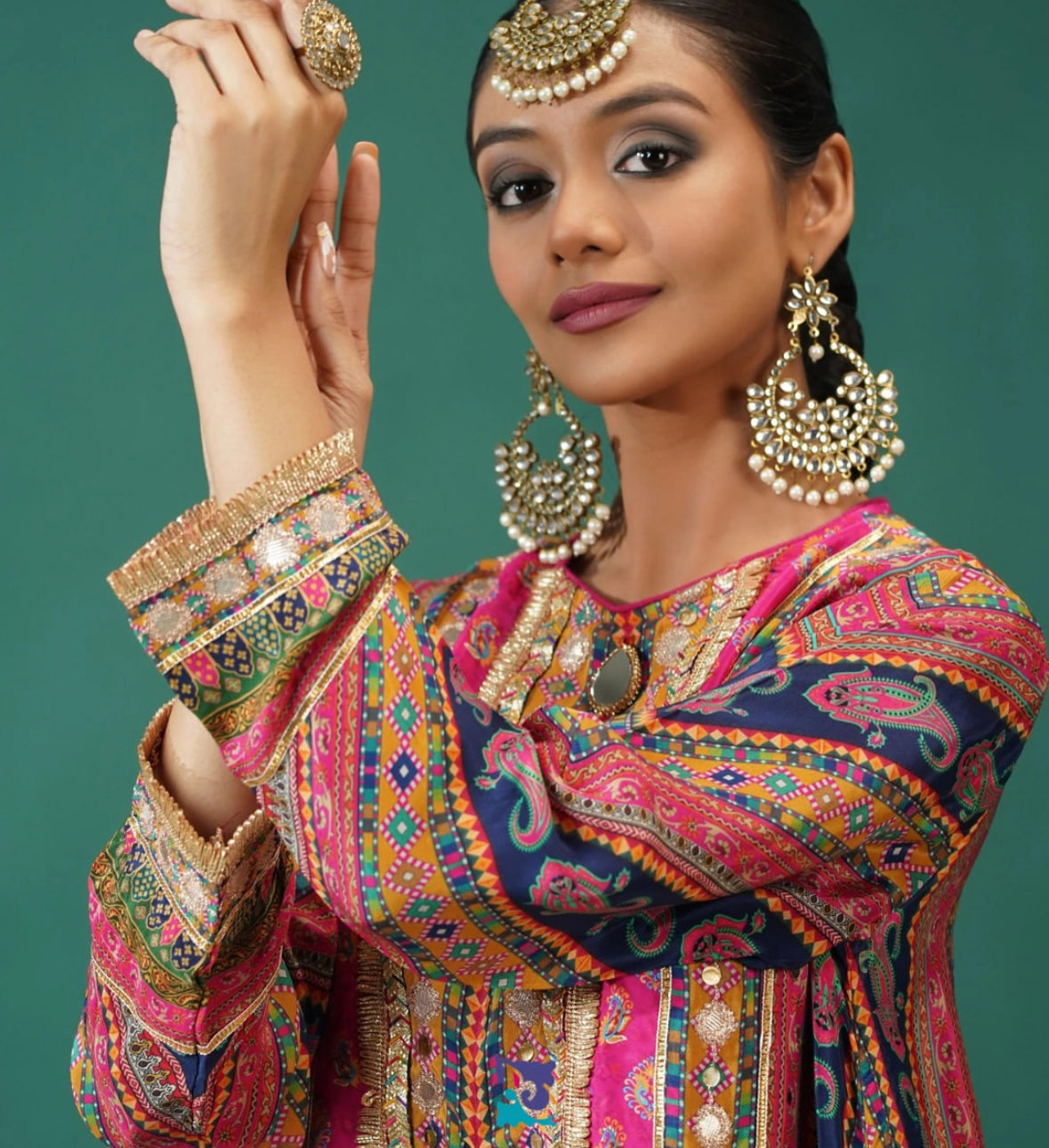 Rani Pink Pure Crepe Short Anarkali Peplum Top With Dhoti Pants